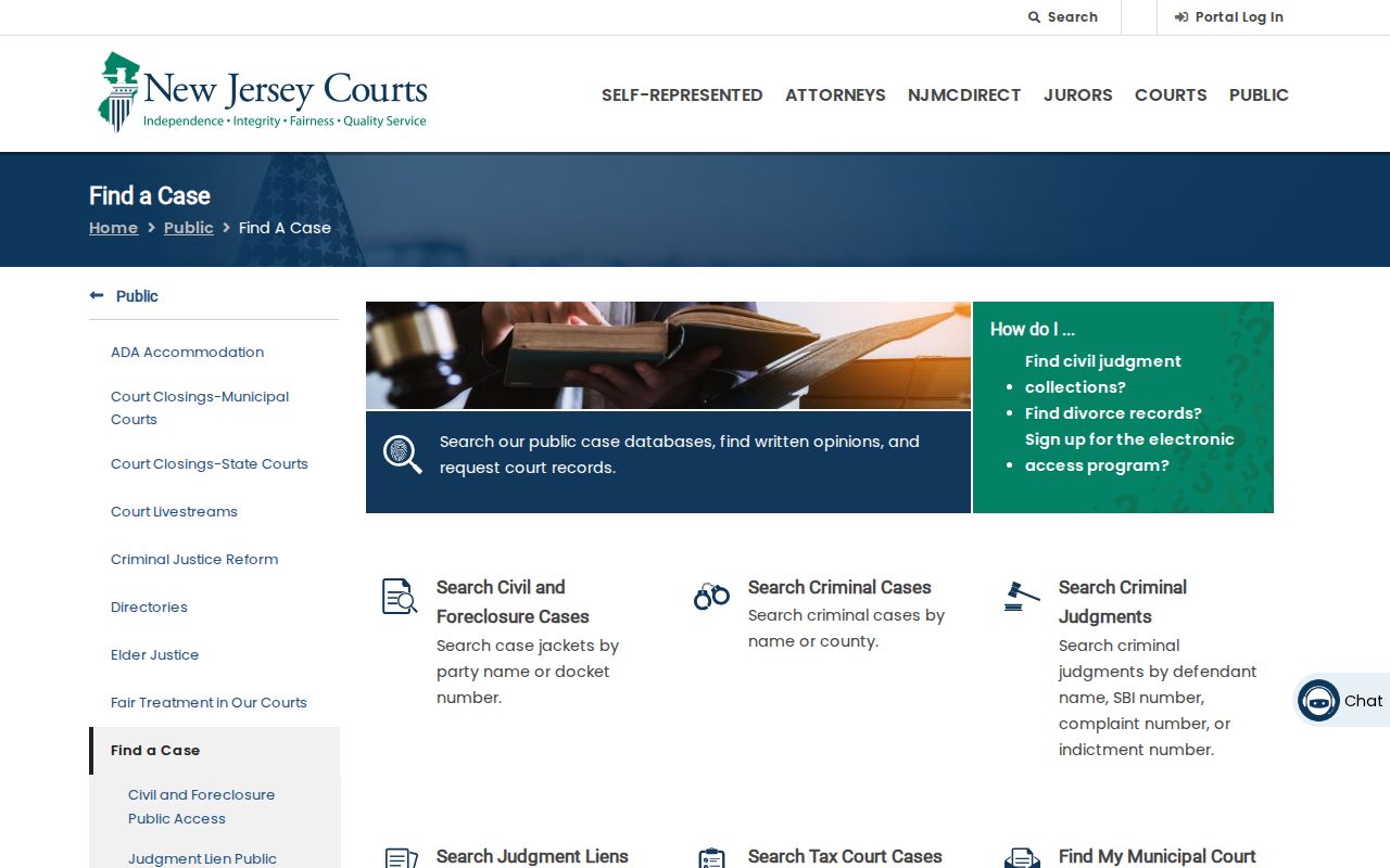 East Brunswick residents directory view of New Jersey Courts case-search categories
