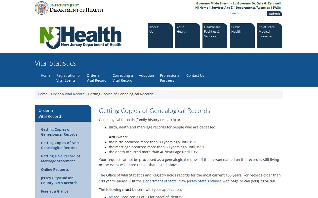 East Brunswick residents directory view of New Jersey genealogical vital-record request rules